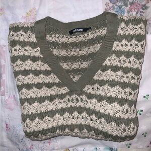 olsen Green and Cream knit Sweater‎ 100% cotton L 3/4 sleeves